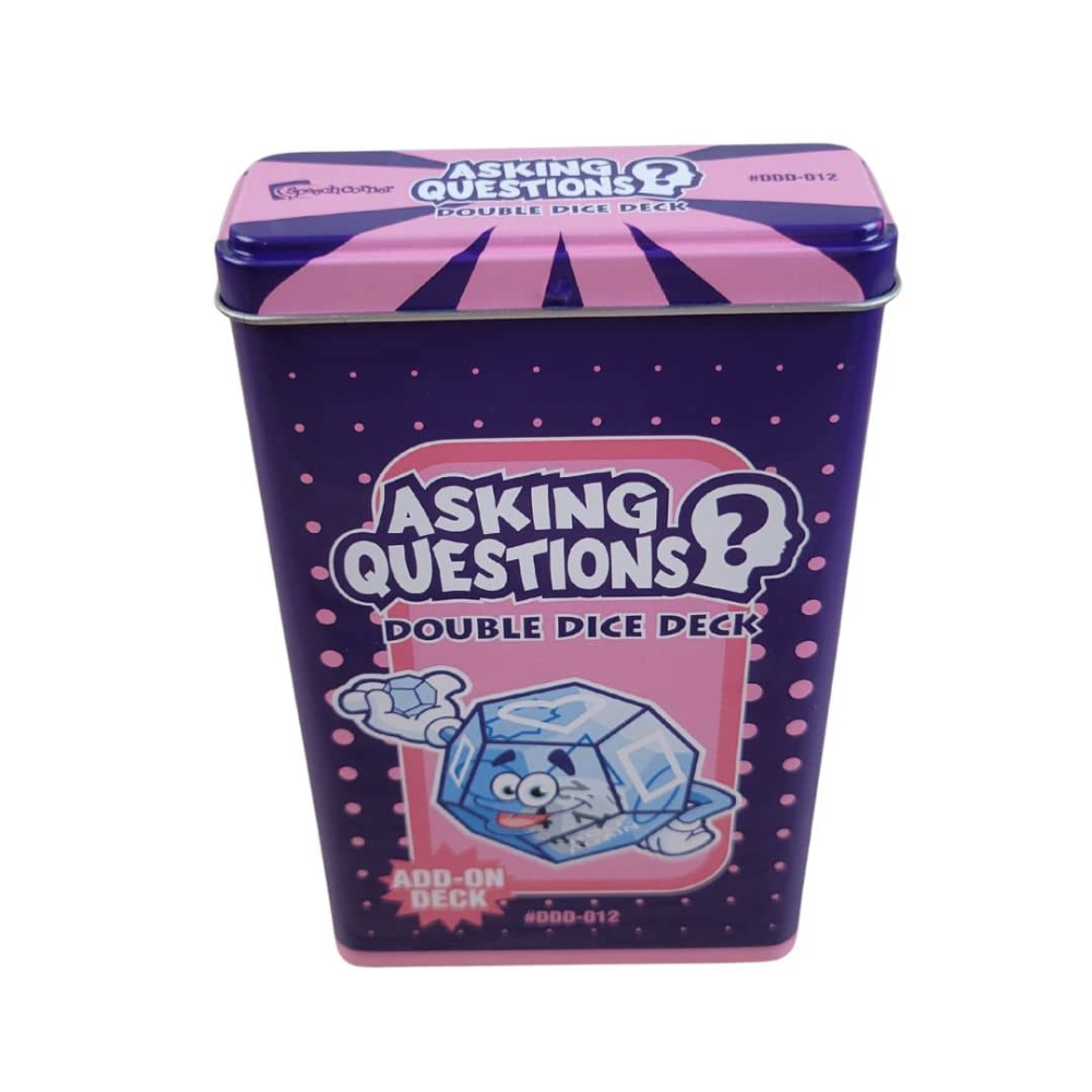 A purple and pink metal tin of 'Asking Questions 2 Double Dice Deck' on a plain white background.