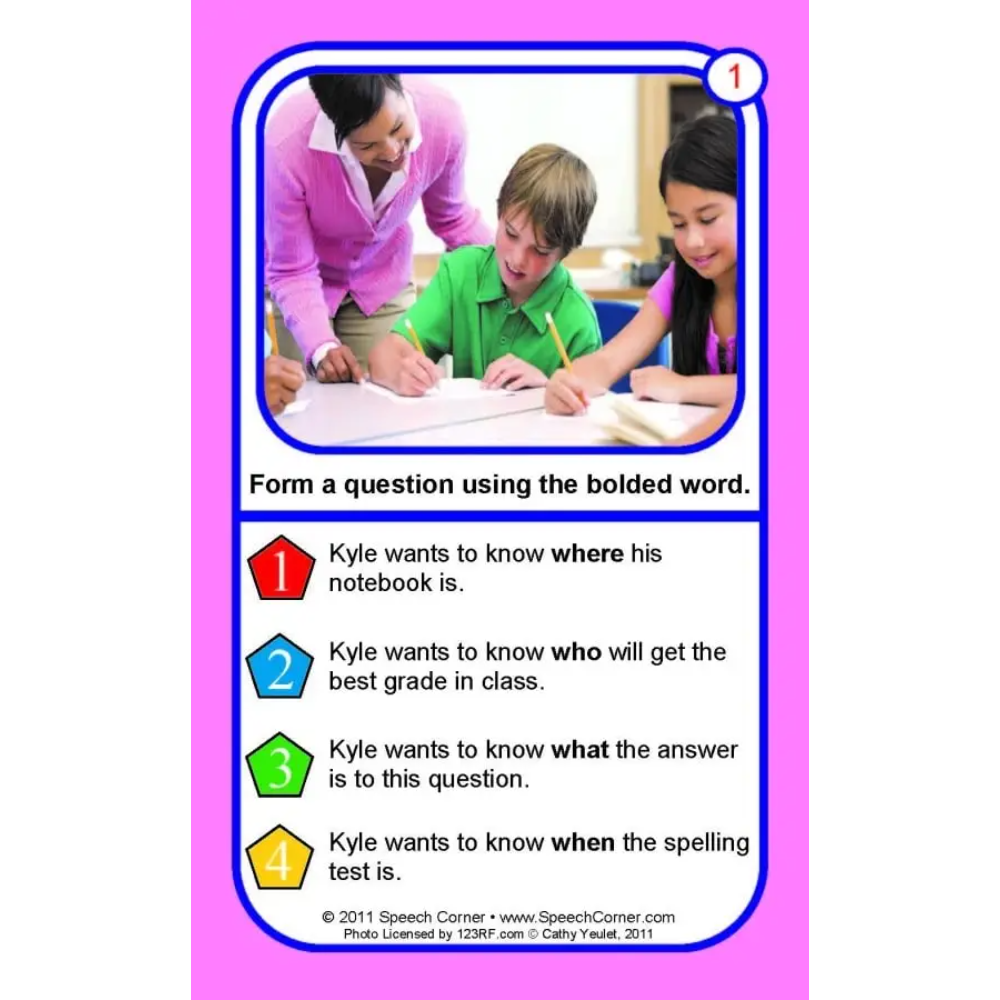 A printed educational card with a bright pink border and a central white panel showing a photo of a teacher helping two children write. Below the photo, the card reads: 'Form a question using the bolded word.