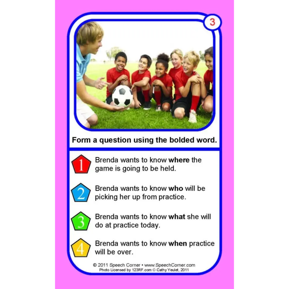 A printed educational card or worksheet page with a pink border, a photo of a soccer coach talking to a group of children, and text prompting the user to form a question using bolded words. The page includes numbered options from 1 to 4.