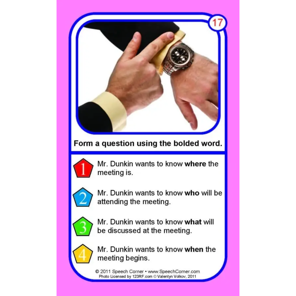 A speech therapy worksheet card or instruction sheet with a pink border, featuring a photo of a person checking a watch and four numbered multiple-choice questions about meeting details.