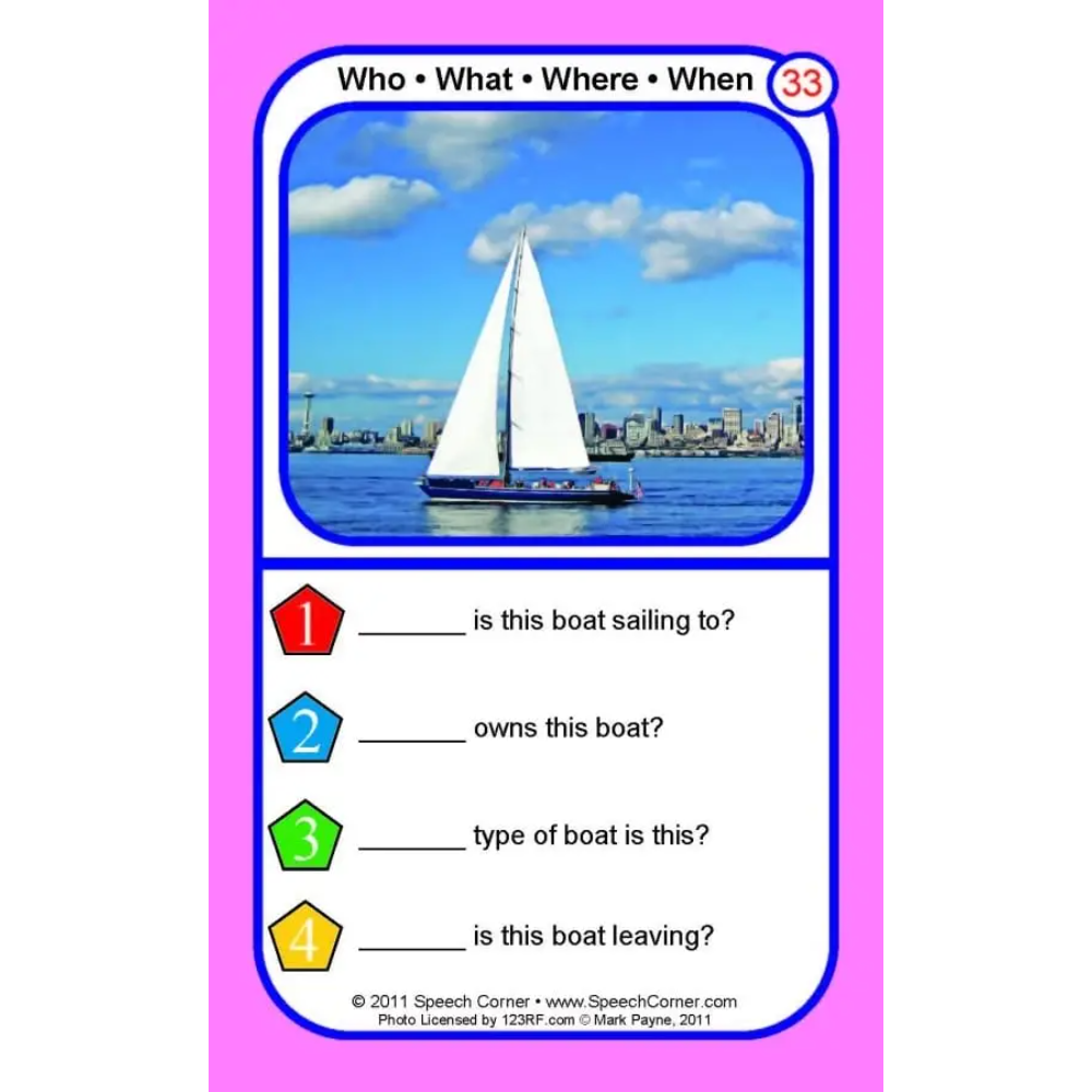 A printed educational card with a pink border and a central white panel showing a sailboat on water under a blue sky. The card includes the title 'Who • What • Where • When' and numbered question prompts below the photo.