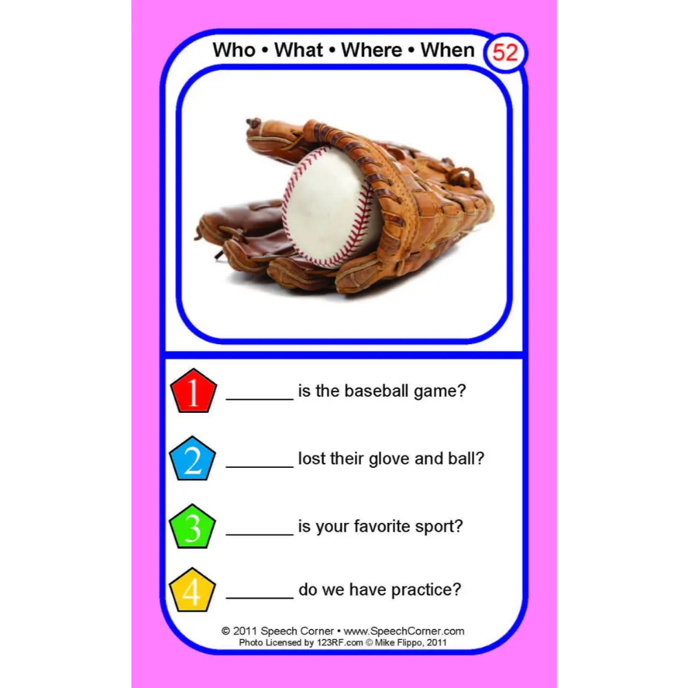 A children's educational worksheet card titled 'Who • What • Where • When 52' featuring a baseball in a brown glove. Below the photo are four fill-in-the-blank questions about baseball, each labeled with a colored number icon.