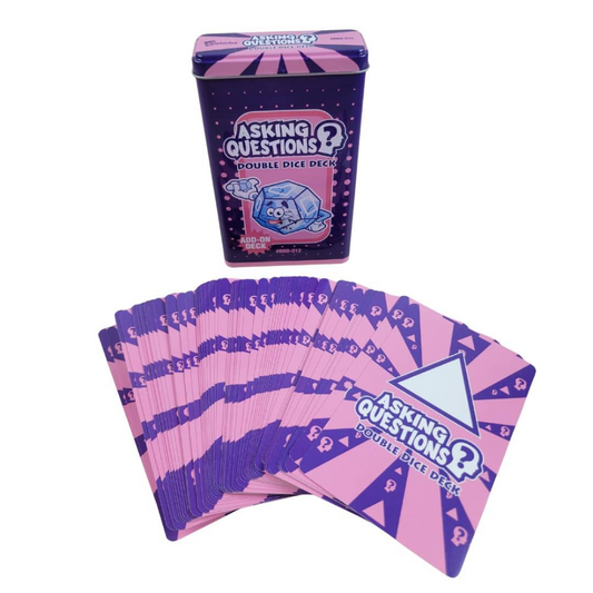 A boxed double dice deck called 'Asking Questions?' with a fanned-out set of pink and purple cards below it, shown on a plain white background.