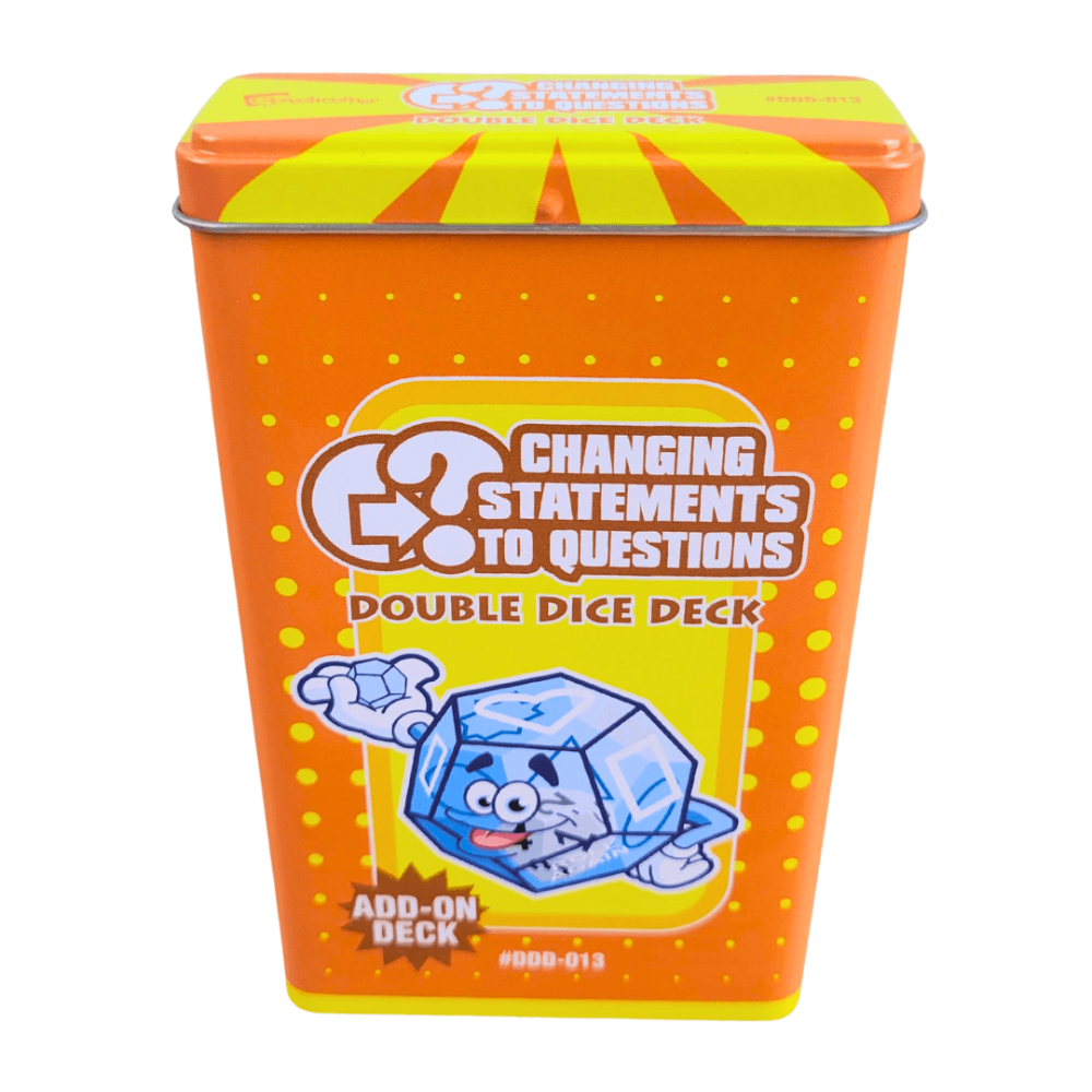 An orange and yellow metal tin of the 'Changing Statements to Questions Double Dice Deck' add-on deck, featuring a cartoon ice cube character on the front.