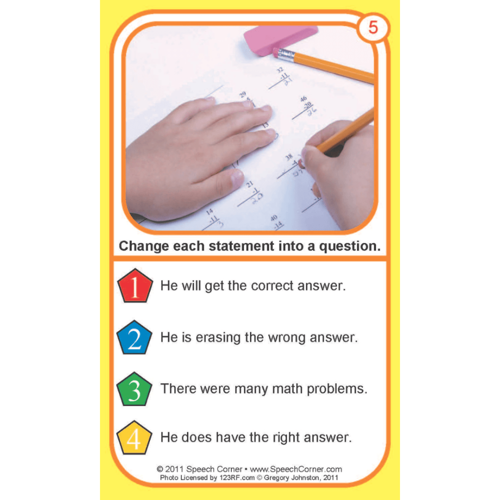 A speech therapy instruction card with a yellow border, featuring a photo of a child writing on paper at the top and four numbered sentences below for converting statements into questions.
