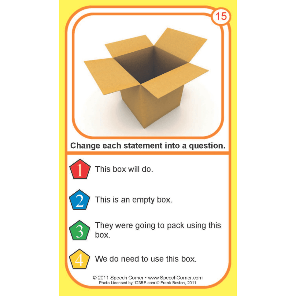 A printed card with a yellow border and a central photo of an open cardboard box. Text reads 'Change each statement into a question.