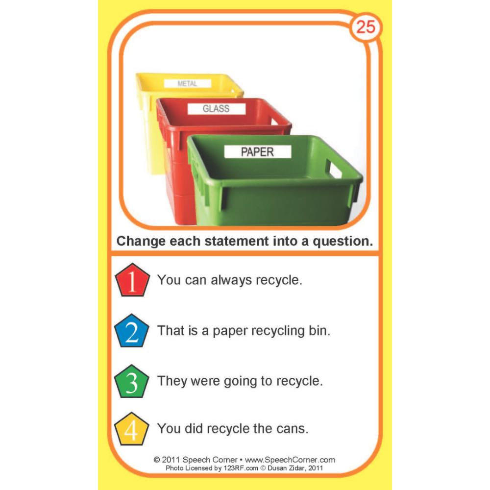 A printed educational card featuring three labeled recycling bins in yellow, red, and green, with text prompting the user to change statements into questions about recycling bins.