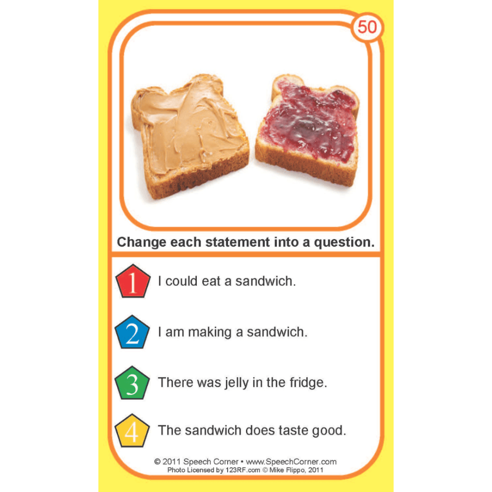 A speech therapy card featuring four numbered statements about sandwiches and jelly, with two example images at the top showing one slice with peanut butter and one with jam. The card has a yellow border and a white background.