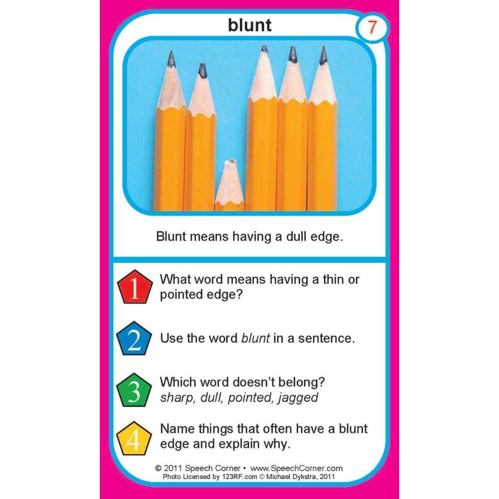 A speech therapy card titled 'blunt' with a pink border, a blue inner border, and a photo of five yellow pencils. The card defines 'blunt' as having a dull edge and lists four educational questions with colored numbered icons.