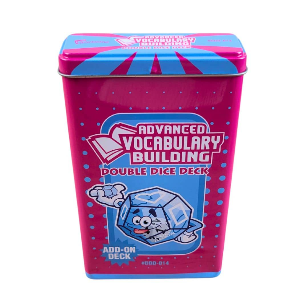 A pink and blue metal tin for the Advanced Vocabulary Building Double Dice Deck, featuring a cartoon die character on the front, set against a plain white background.