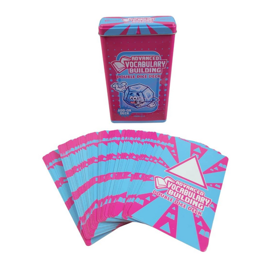 Advanced Vocabulary Building double deck deck set with a pink storage tin and a fan of blue and pink cards on a white background.