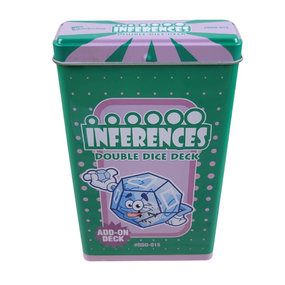 A green and purple metal tin of 'Inferences Double Dice Deck' add-on deck, featuring a cartoon ice cube character on the front, set against a plain white background.