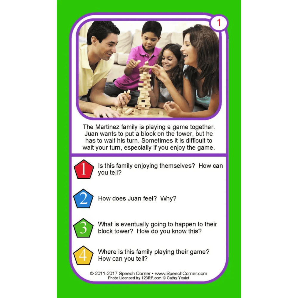 A printed educational card with a green border, featuring a family photo at the top and four question prompts below, including text and numbered red, blue, green, yellow, and white panels.