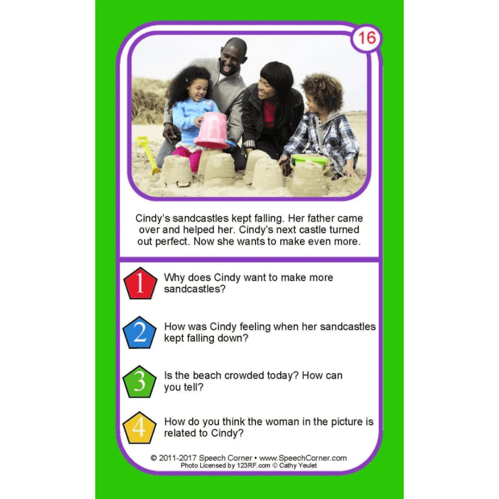 A printed educational card with a bright green border and a white central panel. The top shows a family at the beach building sandcastles, with the number 16 in a purple circle.