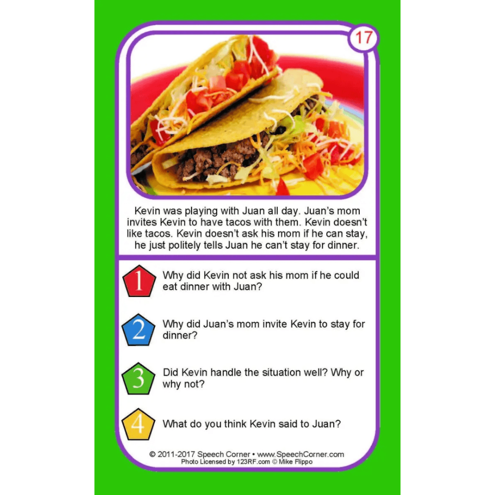 An educational speech therapy card featuring a taco illustration and multiple-choice questions about a family activity, set against a green background.