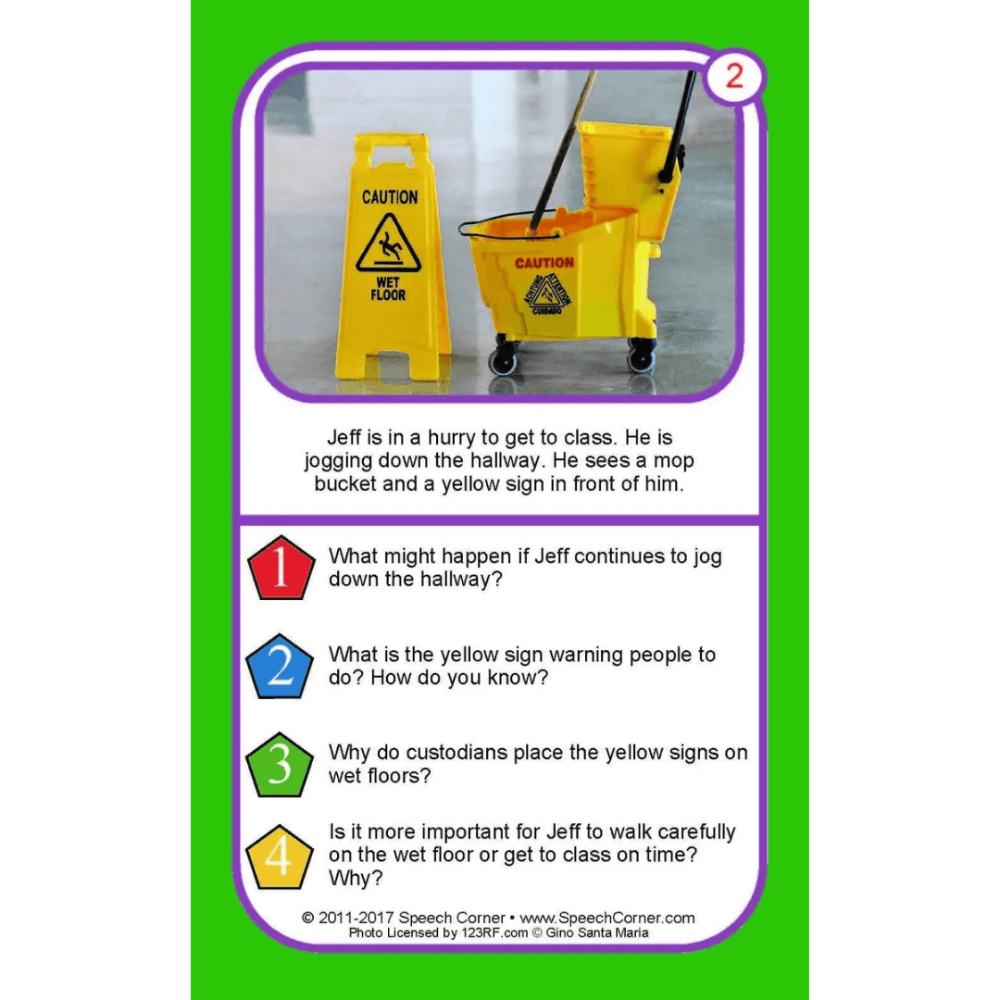 An educational speech-and-story card featuring a scenario where a student named Jeff is in a hurry and sees a mop bucket and a yellow caution sign on the wet floor. The card includes four discussion questions with colored numbered icons and is set against a bright green background.