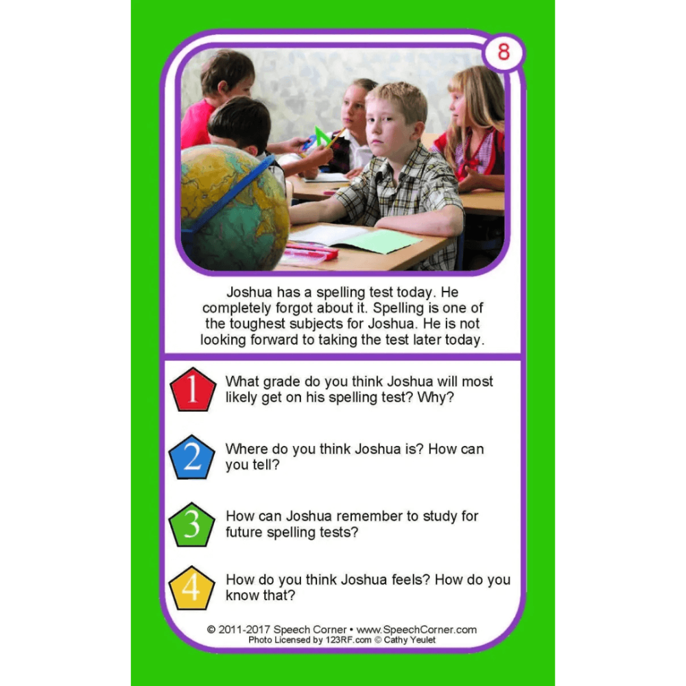 A printed educational photo card with a green border, a purple inner frame, and a small photo of children at a desk. The card contains text about Joshua and four numbered red, blue, green, and yellow question prompts.