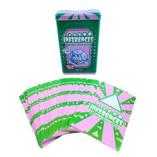 A green and pink 'Inferences Double Dice Deck' shown with its matching tin packaging and a fan of playing cards on a white background.