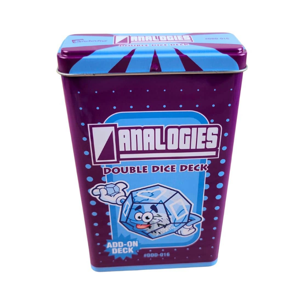 A purple and blue metal tin of Analogies Double Dice Deck, featuring a cartoon ice cube die illustration on the front, set against a plain white background.