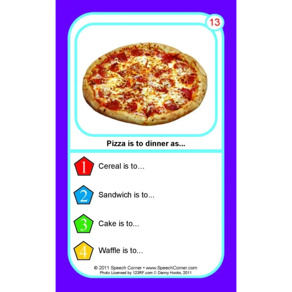 A speech therapy card featuring a pepperoni pizza on a purple background. The card has a white center with a light blue border, showing the text 'Pizza is to dinner as.