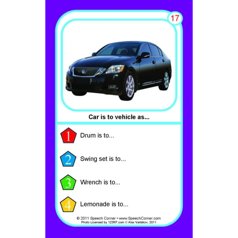 A children's educational card showing a black sedan in a white bordered frame, with the text 'Car is to vehicle as.