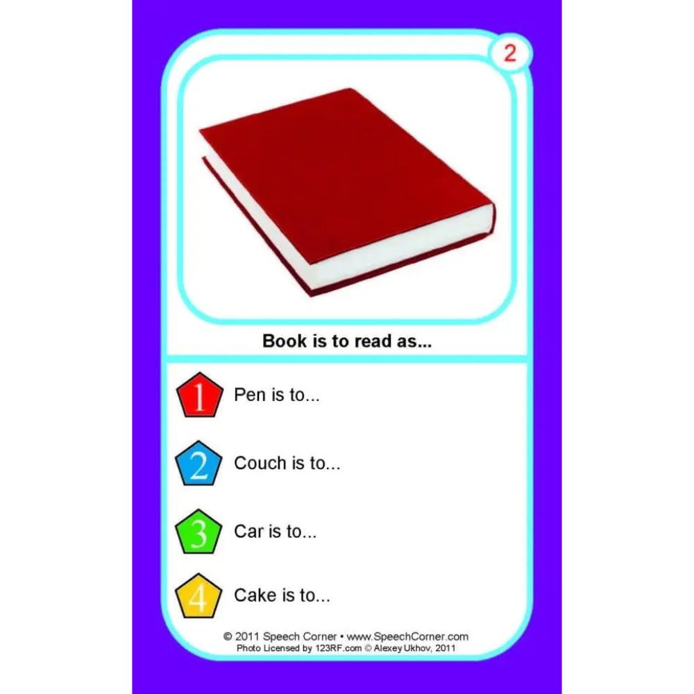 A speech therapy card featuring a red hardcover book with a white page, set against a purple background. The card includes text prompts such as 'Book is to read as.