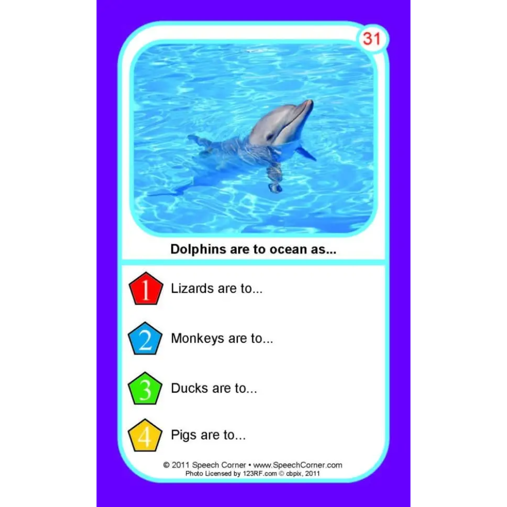 A speech therapy card featuring dolphins swimming in blue water, with text reading 'Dolphins are to ocean as.