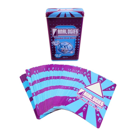 Analogies Double Dice Deck shown with its purple and blue storage tin and a fanned-out stack of patterned double dice cards on a white background.