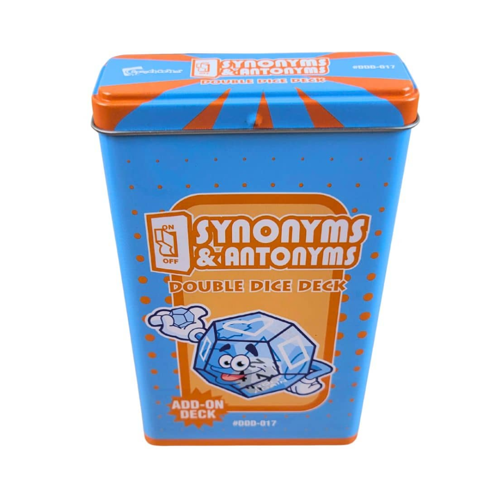 A blue and orange metal tin of Synonyms & Antonyms Double Dice Deck, featuring a cartoon ice cube character on the front, set against a plain white background.