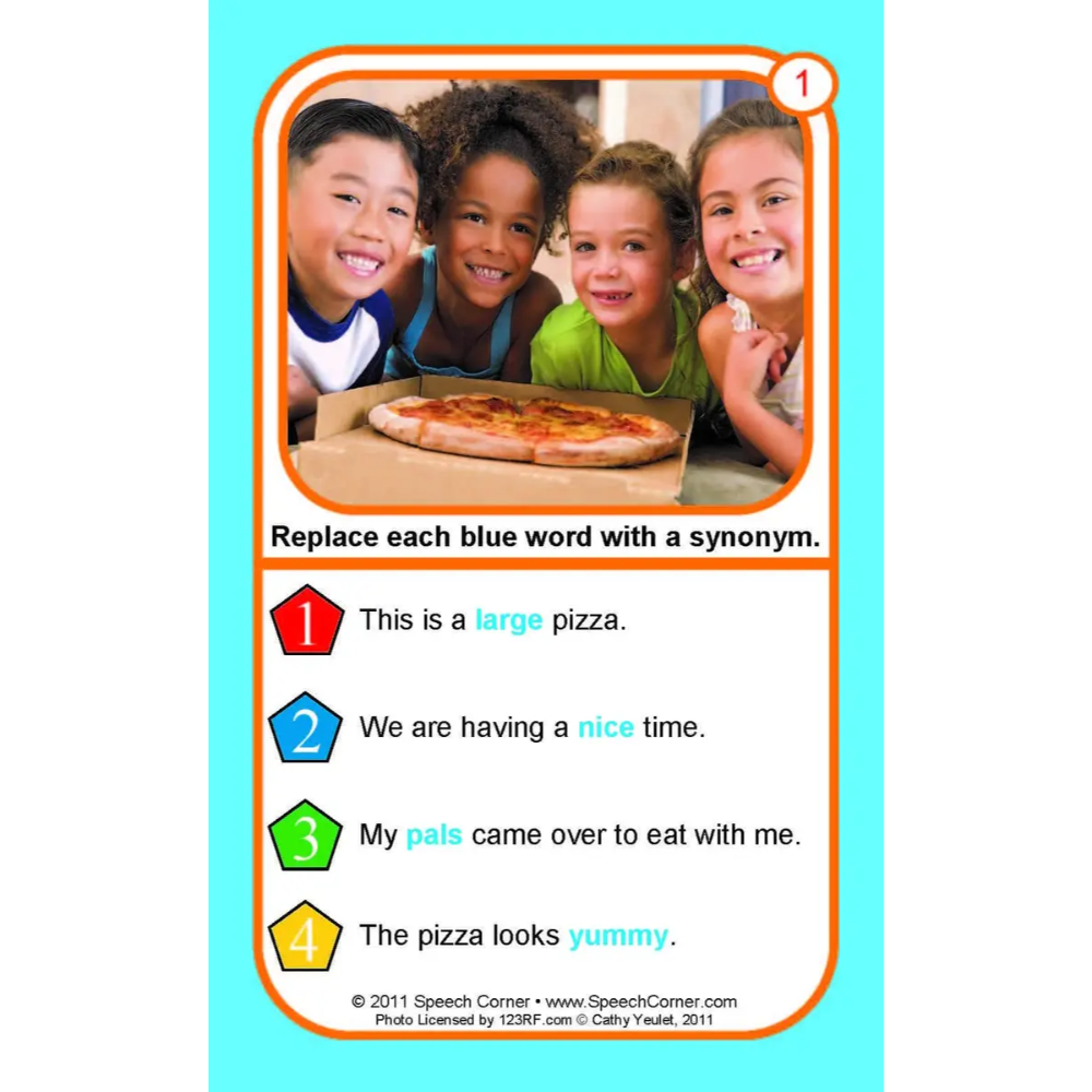 A speech therapy worksheet card featuring a photo of four children smiling with a pizza, followed by five fill-in-the-blank sentences with colored numbered labels and a light blue background.
