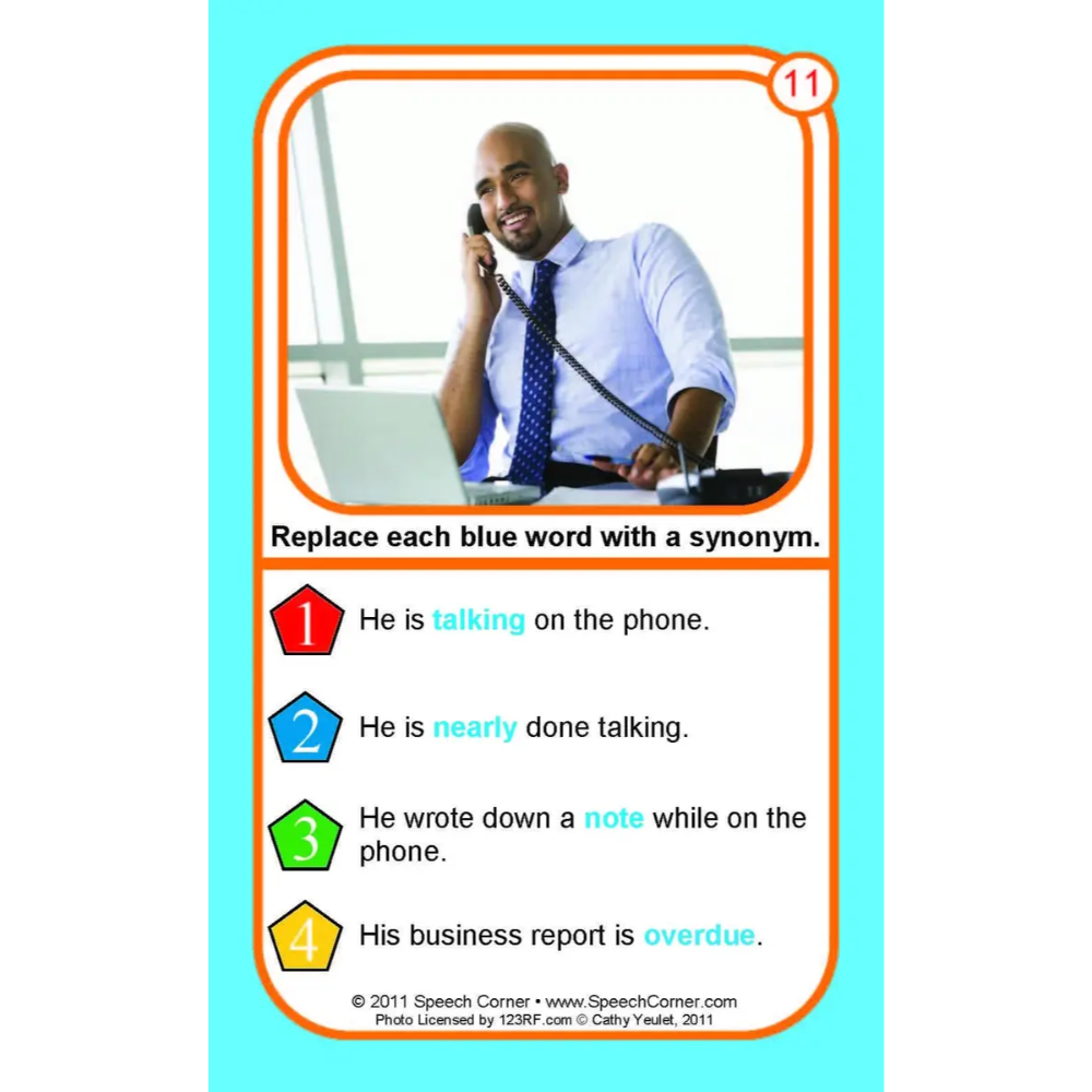 A printed worksheet or activity card with a photo of a man on a phone at the top and four numbered sentences with underlined blue words for synonym replacement. The card has an orange border and a light blue background.