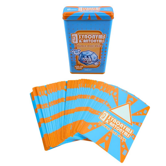 Synonyms & Antonyms Double Dice card deck with its blue and orange storage tin, displayed on a clean white background.
