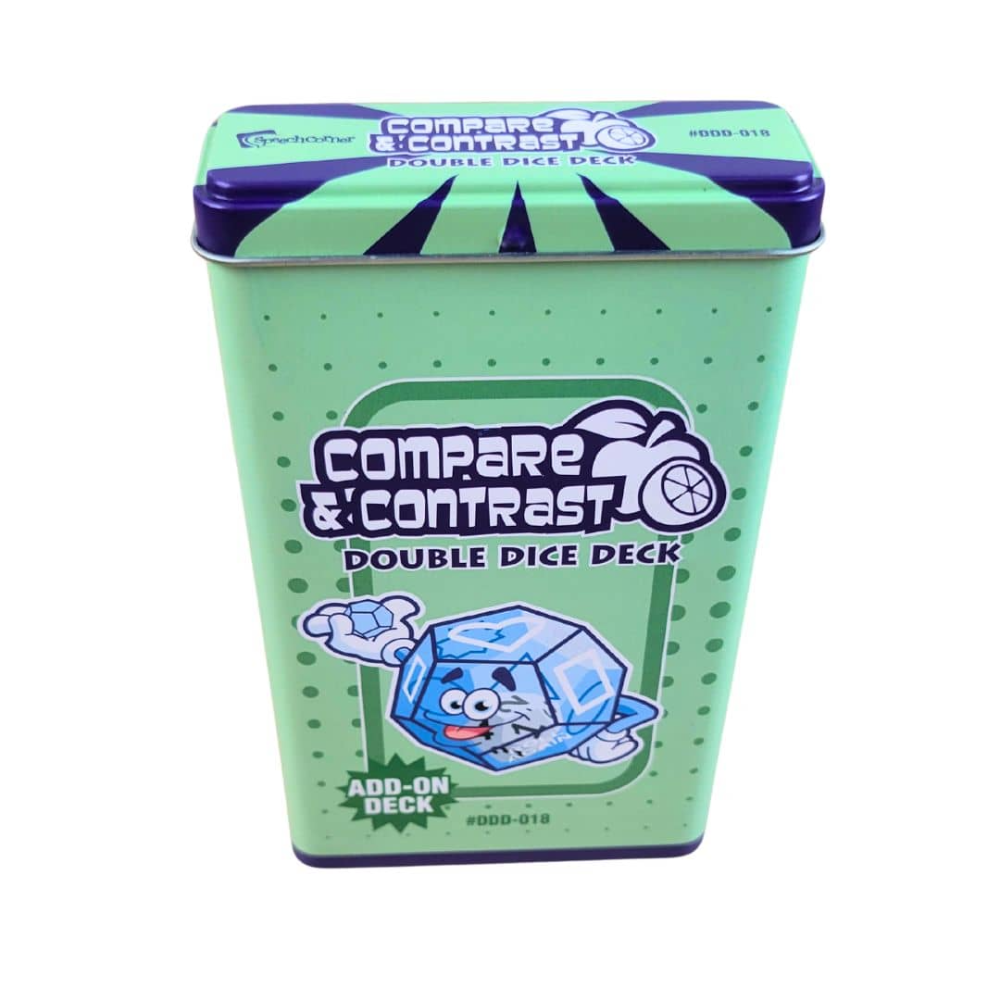 Compare & Contrast Double Dice Deck tin packaging, featuring a light green body with dark green polka dots, a dark purple lid, and cartoon graphics of a blue ice cube and a die.