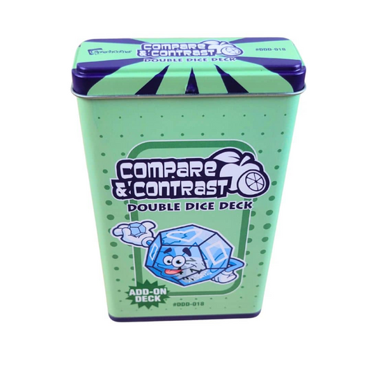 Compare & Contrast Double Dice Deck tin packaging, featuring a light green body with dark green polka dots, a dark purple lid, and cartoon graphics of a blue ice cube and a die.