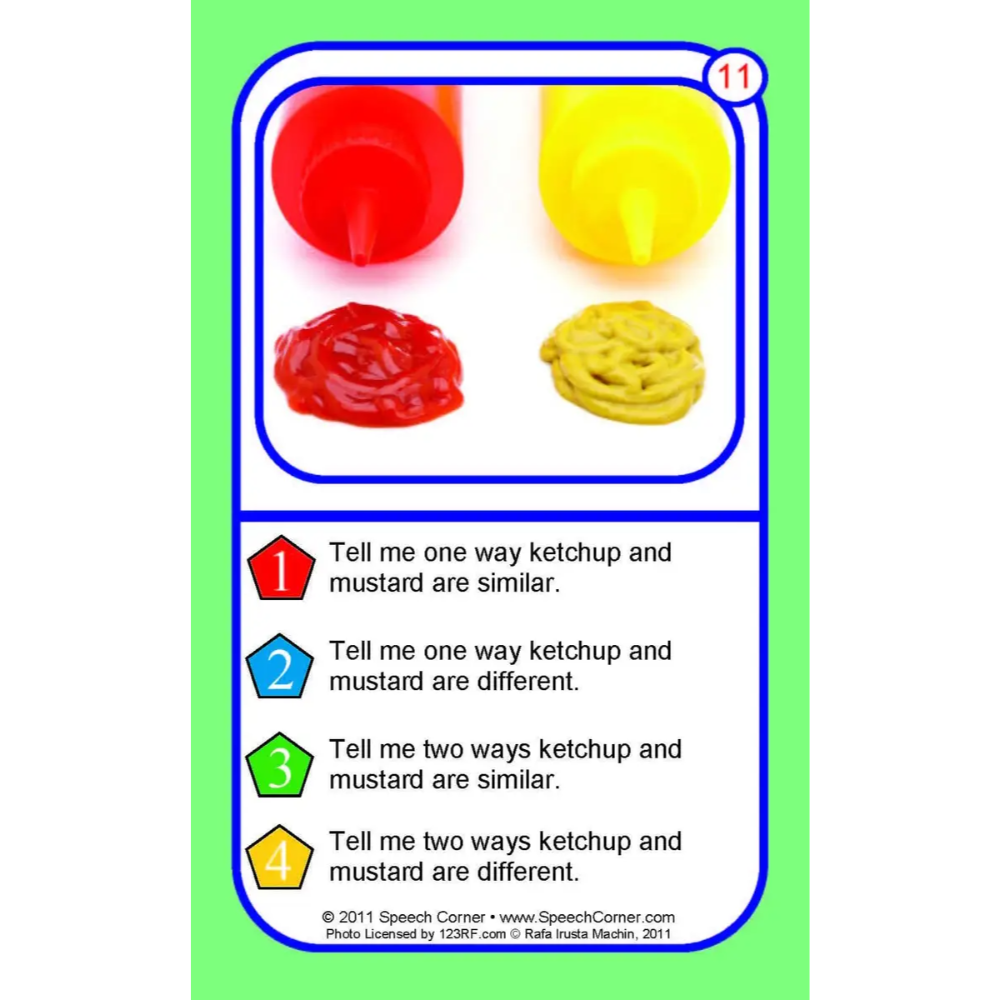 A speech therapy card featuring a comparison of ketchup and mustard. The top section shows a red ketchup bottle and a yellow mustard bottle above red and yellow squirts.