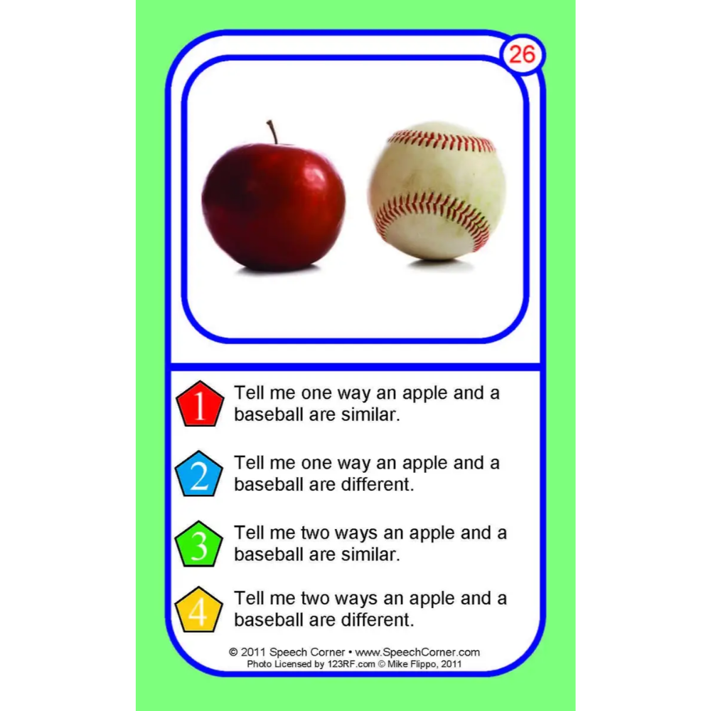 A speech therapy card featuring an apple and a baseball with four numbered prompts about their similarities and differences, set against a bright green background.