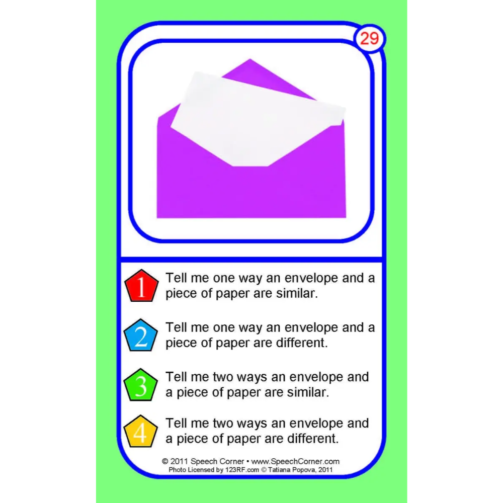 A speech therapy card featuring a purple envelope and white paper illustration, with four numbered prompts about similarities and differences between an envelope and a piece of paper on a green background.