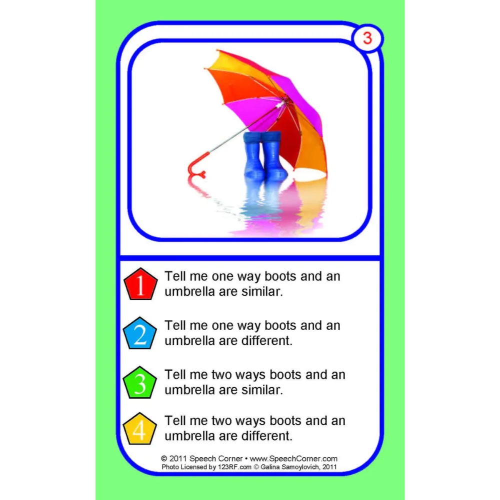 A speech therapy card featuring the topic 'Boots and Umbrella' with a colorful umbrella illustration and four numbered prompts, set against a light green background.