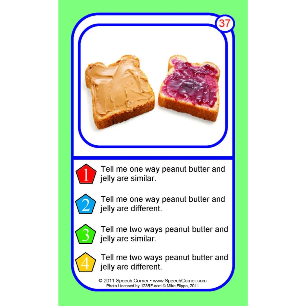 A speech therapy card featuring peanut butter and jelly toast with four numbered prompts about the similarities and differences between peanut butter and jelly, set against a light green background.