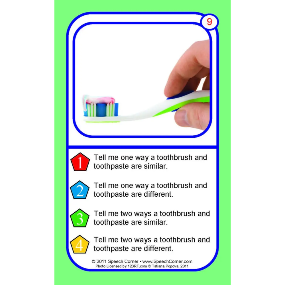 A speech therapy card featuring a toothbrush and toothpaste comparison, with a hand holding a toothbrush at the top and four numbered text prompts below on a green background.