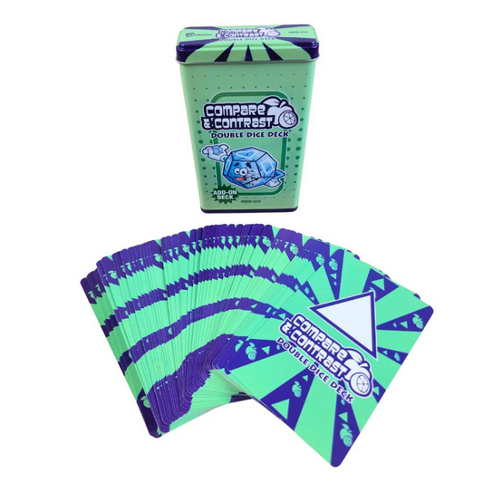 Compare & Contrast Double Dice Deck photo card set showing the mint green and purple storage container and a fan of double-sided dice cards on a white background.