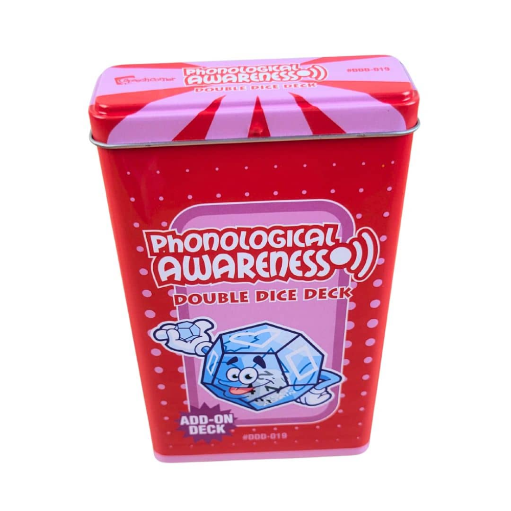 A red metal tin box for the 'Phonological Awareness Double Dice Deck' with a pink lid and a cartoon blue dice character on the front, set against a plain white background.
