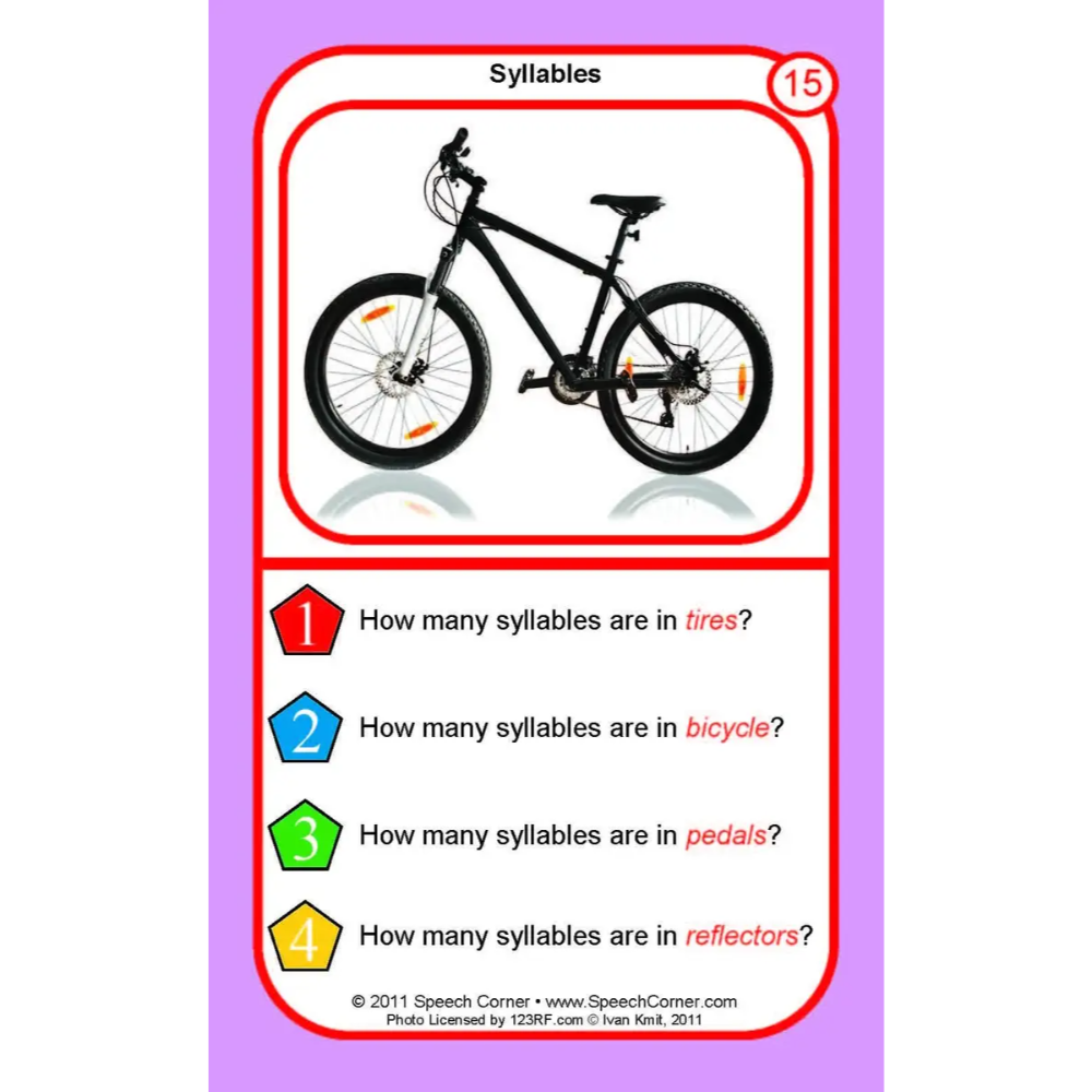 A children's educational card titled 'Syllables' with a bicycle photo at the top and four word-based syllable counting questions below, shown on a light purple background.