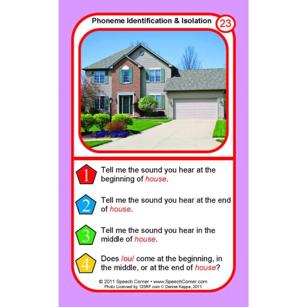 A phoneme identification and isolation educational card, number 23, featuring a picture of a house and four numbered questions about the word 'house' with color-coded letter sounds.