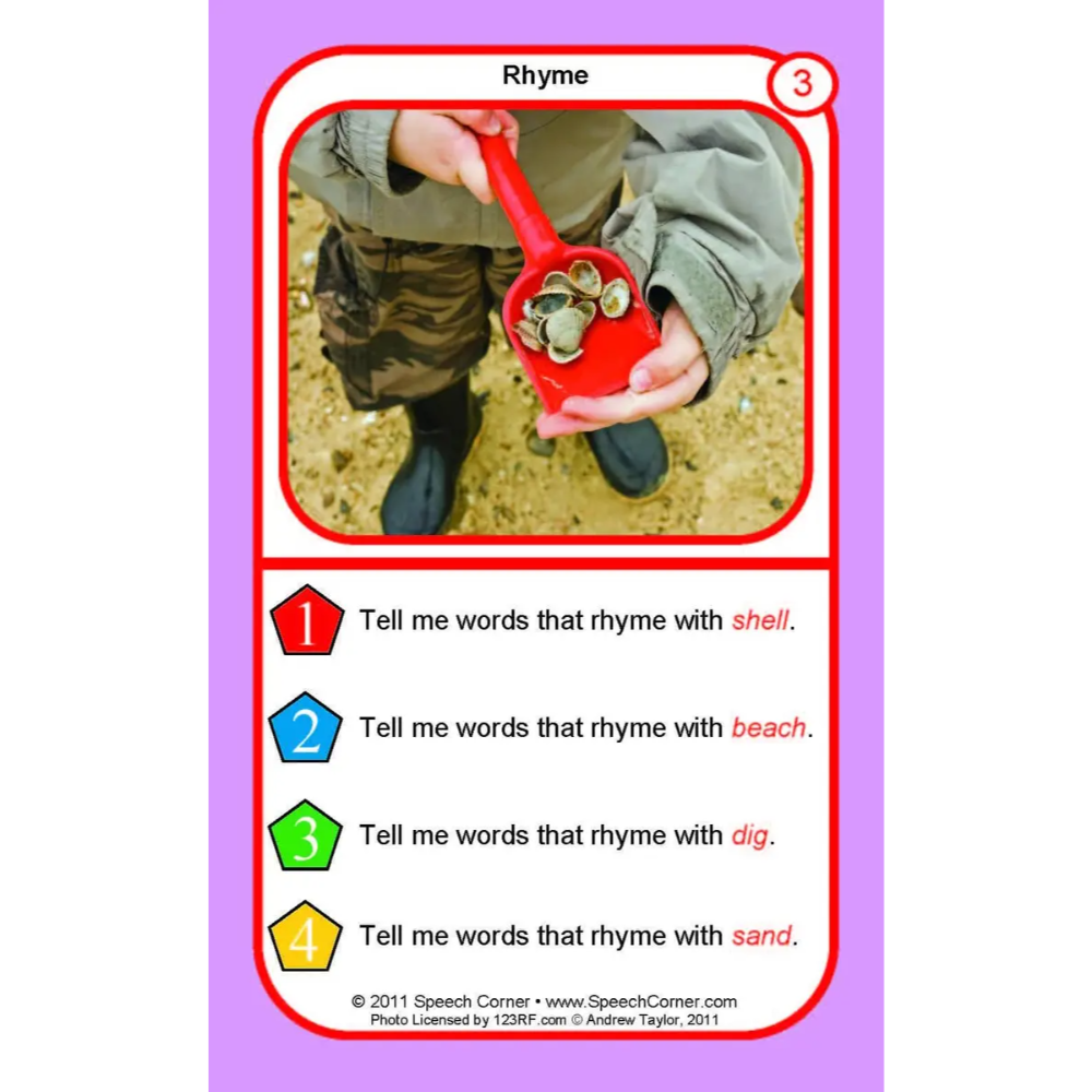 A speech therapy card titled 'Rhyme' with a photo of a child holding a red scoop of shells, and four numbered learning objectives about words rhyming with shell, beach, dig, and sand.