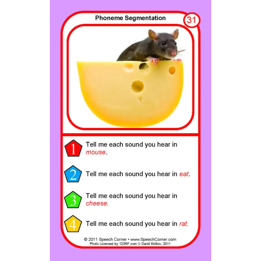 A speech therapy educational card titled 'Phoneme Segmentation' featuring a photo of a rat peeking out of a wedge of cheese, with four numbered phoneme activities below on a pink background.