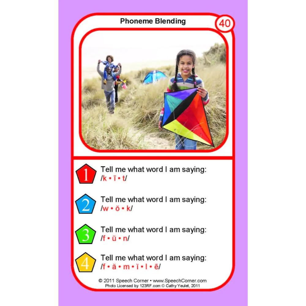 A speech therapy card titled 'Phoneme Blending' with a pink border, a red inner border, and a central photo of a girl holding a kite outdoors. Below the photo are four numbered phoneme-blending exercises with colored numbered tiles and text prompts.