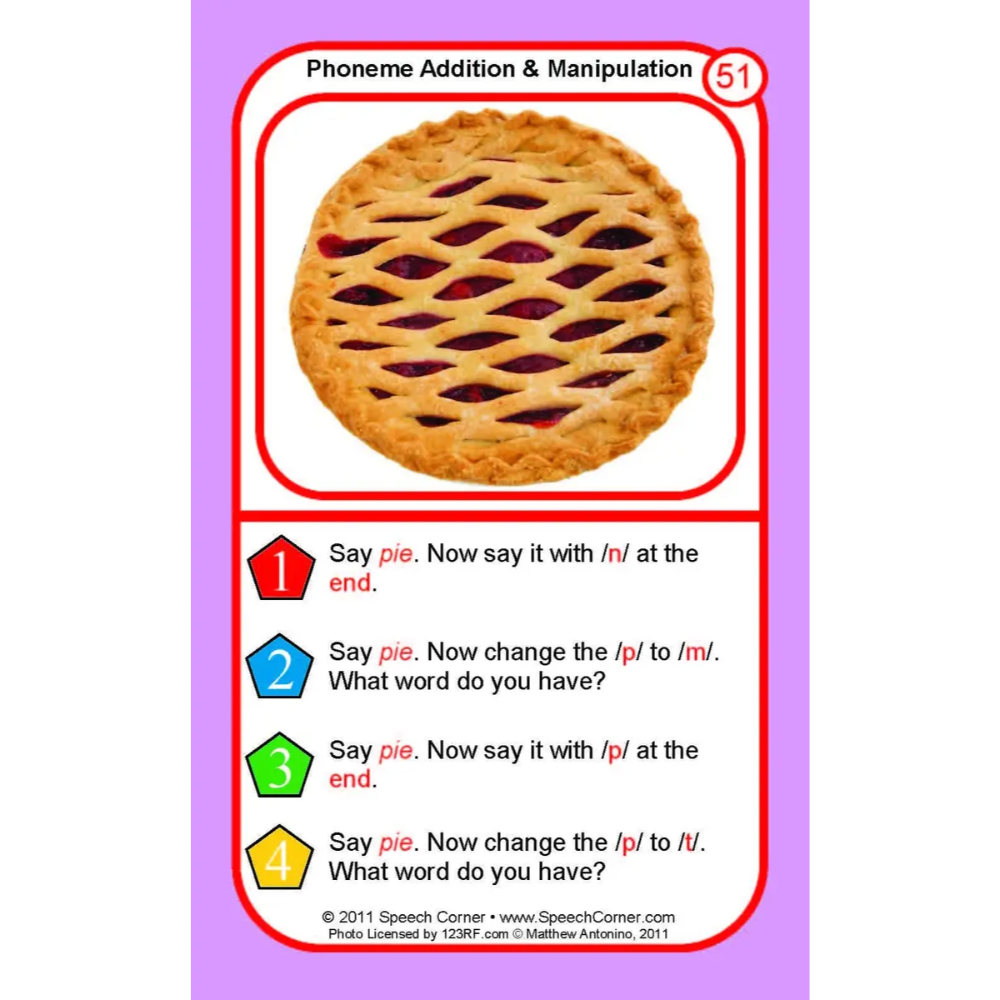 A speech therapy educational card titled 'Phoneme Addition & Manipulation 51' featuring a photo of a lattice-topped pie. Below the pie, four numbered prompts with colored icons guide the user through phoneme manipulation exercises with the word 'pie'.