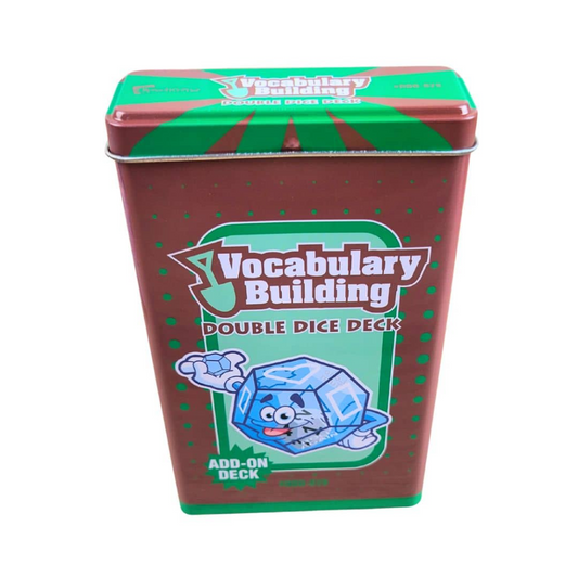 Vocabulary Building Double Dice Deck in a red and green metal tin with a cartoon blue ice cube character on the front, isolated on a white background.