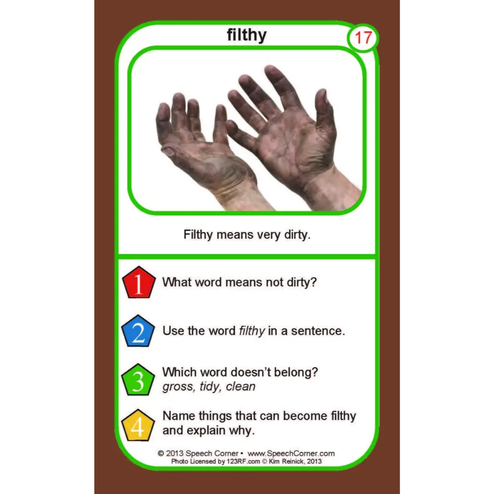 A printed educational card titled 'filthy' with a photo of dirty hands, the word 'filthy,' and four numbered learning questions on a brown background.